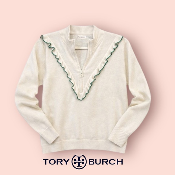 Tory Burch Sweaters - Tory Burch Women’s Cashmere Ruffle Trim Half-Zip Pullover Sweater New Ivory L